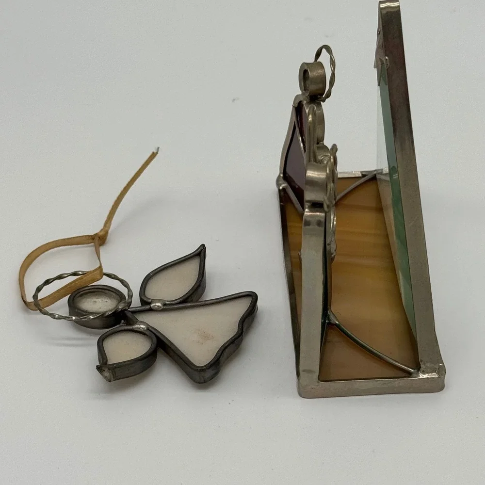 Vintage Stained Glass Nativity Scene Set Miniature Creche & Angel Ornament 4.5x4